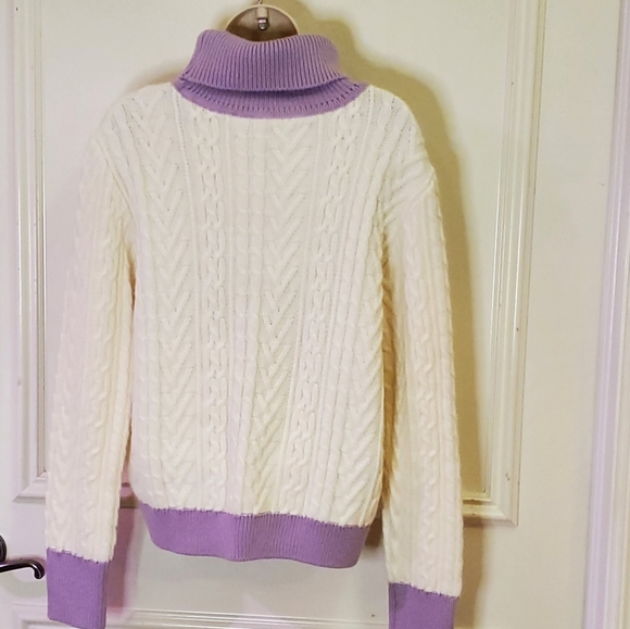 Tularosa Chunky Cream & Lavender Cable Knit Turtleneck Sweater, Size X-Large - Picture 13 of 15